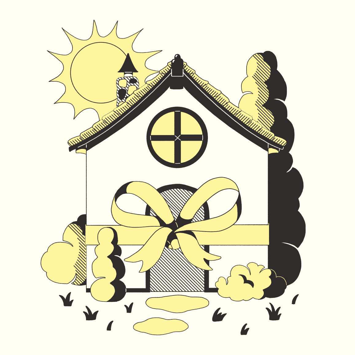 Illustration of a home with a bowtie around it